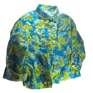 Ruby Rd. Favorites Womens Tropical Print Button-Up shirt blouse Sz 14 Blue Green